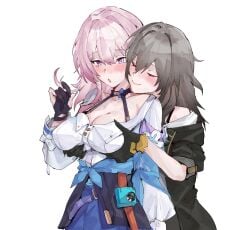 2girls blush breasts chestnut_mouth cleavage closed_eyes closed_mouth gloves grabbing grabbing_another's_breast grey_hair highres honkai:_star_rail honkai_(series) jacket large_breasts march_7th_(honkai:_star_rail) multicolored_eyes multiple_girls partially_fingerless_gloves pink_hair simple_background stelle_(honkai:_star_rail) tied_jacket white_background wktfrv47n yuri