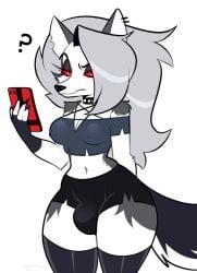 2023 anthro berrythedragon big_breasts black_nose breasts bulge canid canid_demon canine clothing demon digital_media_(artwork) fur futanari goth grey_body grey_fur grey_hair gynomorph hellhound helluva_boss hi_res holding_object intersex loona_(helluva_boss) mammal phone tail torn_clothing white_body white_eyes white_fur