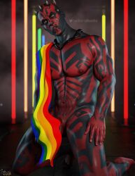 1boy alpha_male barefoot body_markings completely_nude_male darth_maul hiding_penis humanoid kneeling looking_at_viewer male_only multicolored_body nude_male pride_flag red_eyes small_horns solo_male star_wars sthenhx