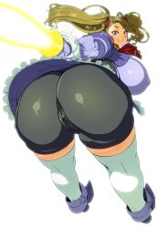 1girls ass bent_over blush breasts brown_eyes brown_hair cameltoe clitoris covered_anus covered_erect_nipples dress gundam gundam_build_fighters gundam_build_fighters_try handkerchief highres hyper_gyanko kazumi_yoshiyuki large_breasts long_hair muffin_top sazaki_kaoruko shoes shorts skin_tight thighhighs twintails