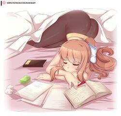 bed big_ass book books brown_hair closed_eyes doki_doki_literature_club hair_ribbon laying_on_stomach leggings long_hair lying_on_bed monika_(doki_doki_literature_club) raionart sleeping student thick_ass thick_thighs wholesome