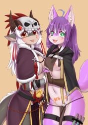 absurd_res anthro breasts canid canine canis dragon duo female fur hi_res inner_ear_fluff kiss_mark mammal smile tail tuft wolf wolfhimeqin wolflong