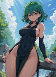 1girls ai_generated bare_shoulders china_dress chinese_clothes dress from_below green_eyes green_hair hi_res mabi_ai medium_breasts nipple_bulge no_panties one-punch_man pelvic_curtain short_hair shortstack side_slit sideboob tatsumaki thick_thighs wide_hips