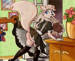 anthro ass blue_eyes canine cantando_pollas duo exposed exposed_ass feather_duster female femsub gizmo_(puddinpop34) maid maid_uniform male maledom skirt_lift sophia_montgomery straight white_fur