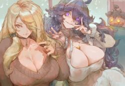 2girls absurd_res between_breasts blonde blonde_female blonde_hair blonde_hair_female breasts choker cleavage clothed clothing_swap collarbone cutesexyrobutts cynthia_(pokemon) female hair_over_one_eye hex_maniac hi_res horny huge_breasts jewelry light-skinned_female light_skin long_hair looking_at_viewer multiple_girls nail_polish nintendo nipples_visible_through_clothing no_bra overflowing_breasts pale-skinned_female pale_skin playing_with_own_hair png pokémon pokemon pokemon_champion pokemon_dppt pokemon_xy purple_eyes purple_hair seductive_smile sidelocks smile sweater very_long_hair