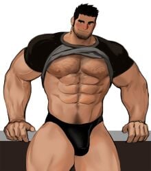 1boy 2023 bara bara_tit barazoku beard_stubble black_hair bulge clothing dopq gay hairy_chest hairy_male looking_at_viewer lucas_lee male male_focus male_nipples male_only manly muscular_male nipples penis_outline scott_pilgrim solo solo_male thong underwear yy6242