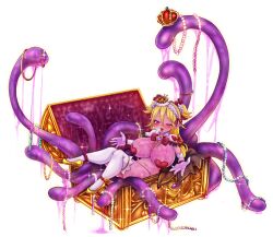 1girls big_breasts blonde_hair crown extended_arm gold_jewelry heart-shaped_pupils heart_shaped_nipple_covers huge_breasts jewelry long_hair magical_girl mimic monster_girl monster_girl_dreams pink_body pink_eyes treasure_chest wink winking_at_viewer