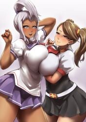 2girls akaza_chacha blush breast_press breasts brown_eyes brown_hair crossover curvy dark-skinned_female dark_skin female_focus gundam gundam_build_fighters gundam_build_fighters_try hair_ornament highres huge_breasts long_hair looking_at_viewer maken-ki! matching_hair/eyes miniskirt multiple_girls packge purple_background purple_eyes sazaki_kaoruko silver_hair skirt symmetrical_docking thick_thighs thighs twintails