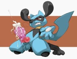 animal_genitalia animal_penis anthro balls bodily_fluids canine_genitalia canine_penis clenched_teeth cum cumshot darkluxia ejaculation generation_4_pokemon genital_fluids genitals male male_only nintendo penis pokemon pokemon_(species) riolu solo tail teeth