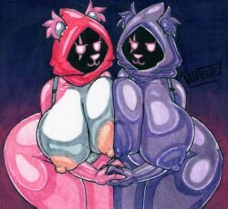 2girls areolae big_breasts breasts female female_only fortnite large_breasts looking_at_viewer multiple_girls nipples parasitedeath pink_body pink_eyes pink_fur pink_nipples pink_skin purple_body purple_fur purple_nipples purple_skin raven_team_leader raven_team_leader_(cuddly) thick_thighs wide_hips