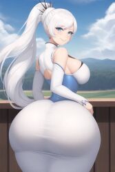 1girls ai_generated ass_focus back_view big_ass big_breasts big_butt blue_eyes bubble_ass bubble_butt caked_up clothing dat_ass dress eyes female female_focus female_only huge_breasts large_ass light-skinned_female light_skin long_hair looking_at_viewer looking_back ponytail rwby standing thick thick_ass thick_thighs transformationwitch voluptuous voluptuous_female weiss_schnee white_hair wide_hips