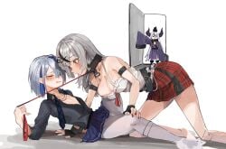 3girls absurdres amane_kanata animal_on_head bird bird_on_head breasts camisole closed_eyes crow crow_(la+_darknesss) flat_chest gloves grey_hair highres holoforce hololive hololive_japan holox horns la+_darknesss la+_darknesss_(1st_costume) large_breasts leash leash_pull long_hair multiple_girls on_head partially_fingerless_gloves red_nails sakamata_chloe sakamata_chloe_(1st_costume) sleeves_past_fingers sleeves_past_wrists virtual_youtuber walk-in white_camisole wktfrv47n yuri