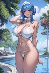 ai_generated bikini blue_eyes blue_hair bride crystal_rose_series crystal_rose_sona female highleg_bikini large_breasts mogudan_style sona_buvelle wedding_dress white_bikini