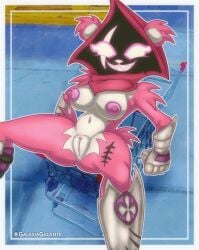 anthro avian bear big_breasts bird breasts cartoony corvid corvus_(genus) epic_games female fortnite furry galaxia_galaxite genitals looking_at_viewer mammal oscine passerine pink_fur pink_nipples pussy raven raven_team_leader solo thick_thighs vintage