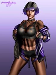 1girls abs athletic_female big_breasts black_hair bra cleavage female_abs female_only fit_female multicolored_hair namco purple_eyes purple_hair reina_mishima spandex spandex_shorts tekken tekken_8 tight_clothing tomboy two_tone_hair