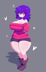 1girls big_breasts blush boots breasts hearts huge_breasts ichigo_inoue_(sunrisenew) light-skinned_female original_character purple_hair red_eyes shorts solo sunrisenew sweater tagme thick_thighs voluptuous