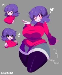 1girls big_breasts blush breasts huge_breasts ichigo_inoue_(sunrisenew) light-skinned_female original_character purple_hair red_eyes shorts solo sunrisenew sweater tagme thick_thighs voluptuous