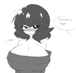 1girls big_breasts blush breasts dialogue grayscale huge_breasts ichigo_inoue_(sunrisenew) light-skinned_female offscreen_character original_character sunrisenew sweater tagme voluptuous