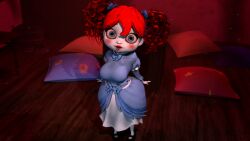 3d alternate_design big_breasts big_hips blue_dress blue_eyes bra_visible_through_clothes chickenchicalover curvy doll female female_only living_doll looking_at_viewer pale_skin petite pigtails poppy_(poppy_playtime) poppy_playtime red_hair red_lipstick shortstack solo white_skin