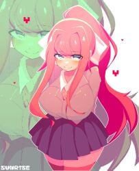 1girls big_breasts blush breasts doki_doki_literature_club green_eyes light-skinned_female long_hair looking_at_viewer monika_(doki_doki_literature_club) orange_hair ponytail school_uniform skirt smile solo sunrisenew tagme thick_thighs voluptuous