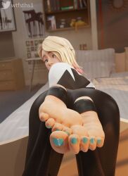 1girls 3d asymmetrical_hair barefoot big_feet blonde_hair blue_eyes blue_toenails feet feet_up female foot_fetish foot_focus fully_clothed gwen_stacy gwen_stacy_(spider-verse) long_toenails long_toes looking_at_viewer looking_back marvel meaty_soles nail_polish presenting_feet short_hair soles solo solo_female spider-gwen spider-man:_across_the_spider-verse spider-man:_into_the_spider-verse spider-man_(series) stirrup_legwear superhero_costume superheroine toenail_polish toenails toes two_tone_hair wrinkled_feet wrinkled_soles wtfsths