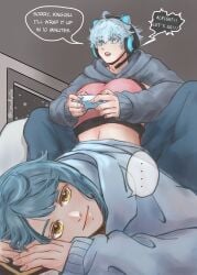 2boys ass_up blue_eyes blue_hair cat_ears chongyun_(genshin_impact) english_text femboy genshin_impact headphones male_only microphone playing_videogame smile top-down_bottom-up twink xingqiu_(genshin_impact) yellow_eyes