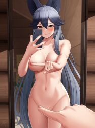 1girls animal_ears areolae breasts deku_suke female fox_ears fox_girl grey_hair kemono_friends mirror_selfie nude one_finger_selfie_challenge silver_fox_(kemono_friends) tagme