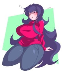 1girls ? big_breasts blush breasts huge_breasts ichigo_inoue_(sunrisenew) light-skinned_female long_hair original_character pants purple_hair red_eyes simple_background solo sunrisenew sweater tagme thick_thighs voluptuous