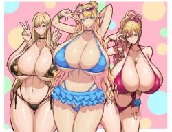 3girls absurdres arm_behind_back armpits bikini blonde_hair blue_bikini blue_eyes breasts breasts_bigger_than_head choker collar crossover female female_focus female_only galko gigantic_breasts green_eyes gyaru hair_bun hajimete_no_gal hips hourglass_figure kitagawa_marin kogal leaning_forward light-skinned_female light_skin long_hair looking_at_viewer naughty_face neckwear oshiete!_galko-chan peace_sign pink_bikini ponytail red_eyes scrunchie scrunchie_on_wrist skirt smile smiling smiling_at_viewer sono_bisque_doll_wa_koi_wo_suru sunglasses sunglasses_on_head thick_thighs thighs wide_hips wolffeld_price yame_yukana