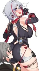 2girls ass bare_shoulders belt big_ass black_gloves blue_eyes blush breasts closed_mouth colored_inner_hair commentary face_in_ass female_pervert gloves grey_hair hair_between_eyes head_on_ass highres honkai:_star_rail honkai_(series) huge_ass large_breasts long_sleeves looking_back medium_hair multicolored_hair multiple_girls ndgd open_mouth pervert red_hair short_hair smelling_ass stelle_(honkai:_star_rail) streaked_hair thigh_strap thighs topaz_(honkai:_star_rail) two-tone_hair yuri