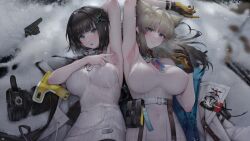 2girls :o animal_ears arknights arknights:_endfield armpit armpits arms big_breasts binggong_asylum black_hair blue_eyes blush disgusted dress eyelashes_visible_through_hair female female_endministrator_(arknights) female_only gloves grey_hair hairclip hands_behind_head kemonomimi large_breasts light-skinned_female long_hair looking_at_viewer lying lying_on_back mole mole_on_armpit nail_polish navel_visible_through_clothes nipple_bulge on_back on_ground open_mouth perlica_(arknights) presenting presenting_armpit short_hair snow spreading sweat sweatdrop sweater uniform