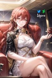 absurd_res ai_generated crossed_legs hi_res himeko_(honkai:_star_rail) honkai:_star_rail honkai_(series) idgaroo large_breasts long_hair looking_at_viewer red_hair sitting stable_diffusion white_dress yellow_eyes