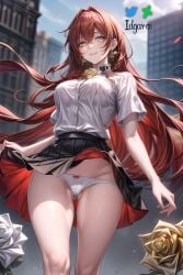 absurd_res ai_generated black_skirt city earrings hi_res himeko_(honkai:_star_rail) honkai:_star_rail honkai_(series) idgaroo large_breasts long_hair looking_at_viewer panties red_hair school_uniform sitting stable_diffusion upskirt white_panties white_shirt yellow_eyes