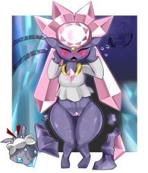 artist_signature attack_(pokemon_move) blue_gemstone blush blush_lines blushing blushing_at_viewer carbink cave dialogue diamond diancie gem gemstone gold_jewelry nosebleed pink pink_clitoris pokemon pokemon_(species) rock stone text thick_legs white_dress