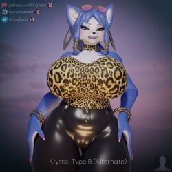 2023 3d_(artwork) accessory alternate_version_at_source animal_print anthro arm_markings big_breasts biped blue_body blue_eyes blue_fur blue_hair blue_lipstick bottomwear bracelet breasts camel_toe canid canine choker clothed clothing curvy_figure digital_media_(artwork) dogzeela ear_piercing ear_ring eyeshadow eyewear eyewear_on_head female fox front_view fully_clothed fur fur_markings furgonomics glasses glasses_on_head glistening glistening_body gold_(metal) gold_jewelry hair hi_res hoop_ear_ring huge_breasts inner_ear_fluff jewelry krystal krystal_(dogzeela) leather leather_bottomwear leather_clothing leather_pants leopard_print lipstick makeup mammal markings mascara multicolored_body multicolored_fur necklace nintendo pants piercing portrait ring ring_piercing soft_focus solo star_fox strapless_clothing sunglasses sunglasses_on_head thick_thighs three-quarter_portrait tight_clothing tuft two_tone_body two_tone_fur voluptuous white_body white_fur