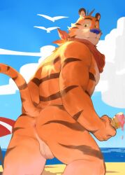 1boy 2023 anthro anus ass balls butt dessert felid food frosted_flakes fur genitals hi_res holding_food holding_ice_cream holding_object ice_cream kellogg's looking_at_viewer looking_back male male_only mammal mascot narrowed_eyes nude outdoors pantherine rear_view sand sea sky solo striped_body striped_fur stripes summer tail tiger tony_the_tiger water yuuko891