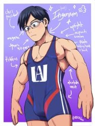 0027woo bulge dark_hair gay glasses male_only muscles nipples no_visible_genitalia pecs solo solo_male tenya_iida thighs wrestling_outfit wrestling_singlet writing_text