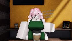 1girls 3d artist_request big_breasts breasts coffee_cup english_text female glasses naked_apron pink_hair roblox robloxian smile source_request tagme text thick_thighs