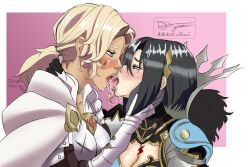 2girls alternate_version_available arm_around_neck armor artist_kiwi black_hair blonde_hair blue_eyes blush breasts caress caressing_face catherine_(fire_emblem) cleavage dark-skinned_female dark_skin drooling female female_only fire_emblem fire_emblem:_three_houses fire_emblem_engage french_kiss gloves hair_between_eyes hand_on_another's_face knight long_tongue looking_at_another medium_breasts medium_hair multiple_girls nel_(fire_emblem) nintendo ponytail red_eyes saliva saliva_trail short_hair sloppy sloppy_kiss small_breasts tongue tongue_out yuri