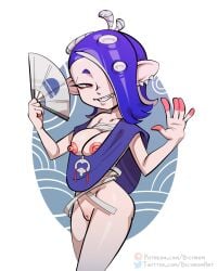 2023 bichrom blue_background breasts cleavage ear_piercing fan female female_focus female_only hair_over_one_eye nintendo nipples piercing piercings purple_hair pussy red_eyes shiver_(splatoon) splatoon splatoon_3 thick_thighs thighs toothy_grin white_background