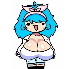 1girls 2000s_and_2010s_style 2023 :3 absurdres bangs black_eyes blue_hair blunt_bangs breasts_bigger_than_head breasts_bigger_than_torso character_request chibi chibi_style copyright_request diadem enormous_breasts female female_focus light-skinned_female light_skin looking_at_viewer medium_hair renzo_teton shiny_skin shorts silly simple_background simple_shading smile smiling_at_viewer solo solo_female solo_focus thighhighs