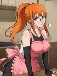 1girls ai_generated apron atlus female female_only ginger glasses gloves kitchen large_breasts lepypepy long_hair looking_at_viewer maid maid_uniform orange_hair persona persona_5 persona_5_tactica ponytail purple_eyes sakura_futaba