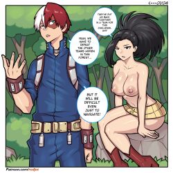 black_hair blue_eyes boku_no_hero_academia breasts comic english_text fanon_couple forest gauntlets hero_outfit_(mha) large_breasts momo_yaoyorozu my_hero_academia nature nude page_1 red_footwear red_hair redjet shouto_todoroki speech_bubble todoroki_shouto white_hair yaoyorozu_momo