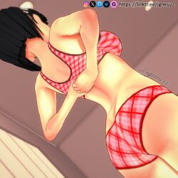 3d 3d_(artwork) black_hair blush breasts breath changing female hair_ornament hairclip igneuzz kirigaya_suguha large_breasts lingerie short_hair sword_art_online tagme underwear undressing