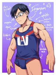 0027woo bandaids_on_nipples bulge dark_hair gay glasses gym_uniform male_only muscular my_hero_academia no_visible_genitalia pecs short_shorts solo solo_male tenya_iida thighs writing_text