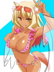 1girls arm_up bikini blonde_hair breasts cleavage engo_(aquawatery) fate/grand_order fate_(series) female female_only fox_girl glasses gyaru long_hair peace_sign pink_hair solo suzuka_gozen_(fate) suzuka_gozen_(swimsuit_rider)_(fate) swimsuit tan_body