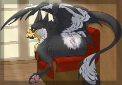 anus ass avian beak black_body blush chair clitoris feathered_wings feathers feet female feral furniture genitals gryphon hi_res mcfan mythological_avian mythology no_humans on_chair pawpads presenting presenting_hindquarters pussy rear_view solo tail tail_tuft tuft wings