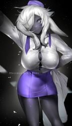 big_breasts blinda breasts dya_rikku latex_skin looking_at_viewer short_skirt virtual_youtuber vyugen white_eyes white_hair