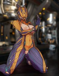 breasts catgirl clawed_fingers claws clothed female glowing glowing_eyes glowing_genitalia kneeling metallic_body nipples pussy pussy_juice robot_girl searyn valkyr_(warframe) warframe