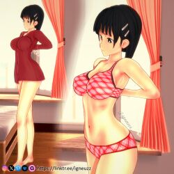 3d 3d_(artwork) black_hair blush breasts breath changing female hair_ornament hairclip igneuzz kirigaya_suguha large_breasts lingerie short_hair sword_art_online tagme underwear undressing